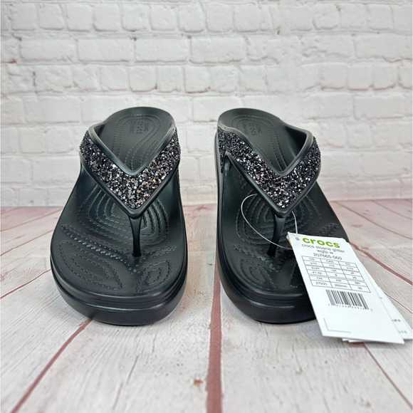 Crocs Sloane Glitter Black Wedge Thong Flip Flops Sandals Women’s Size 10 - Picture 6 of 10